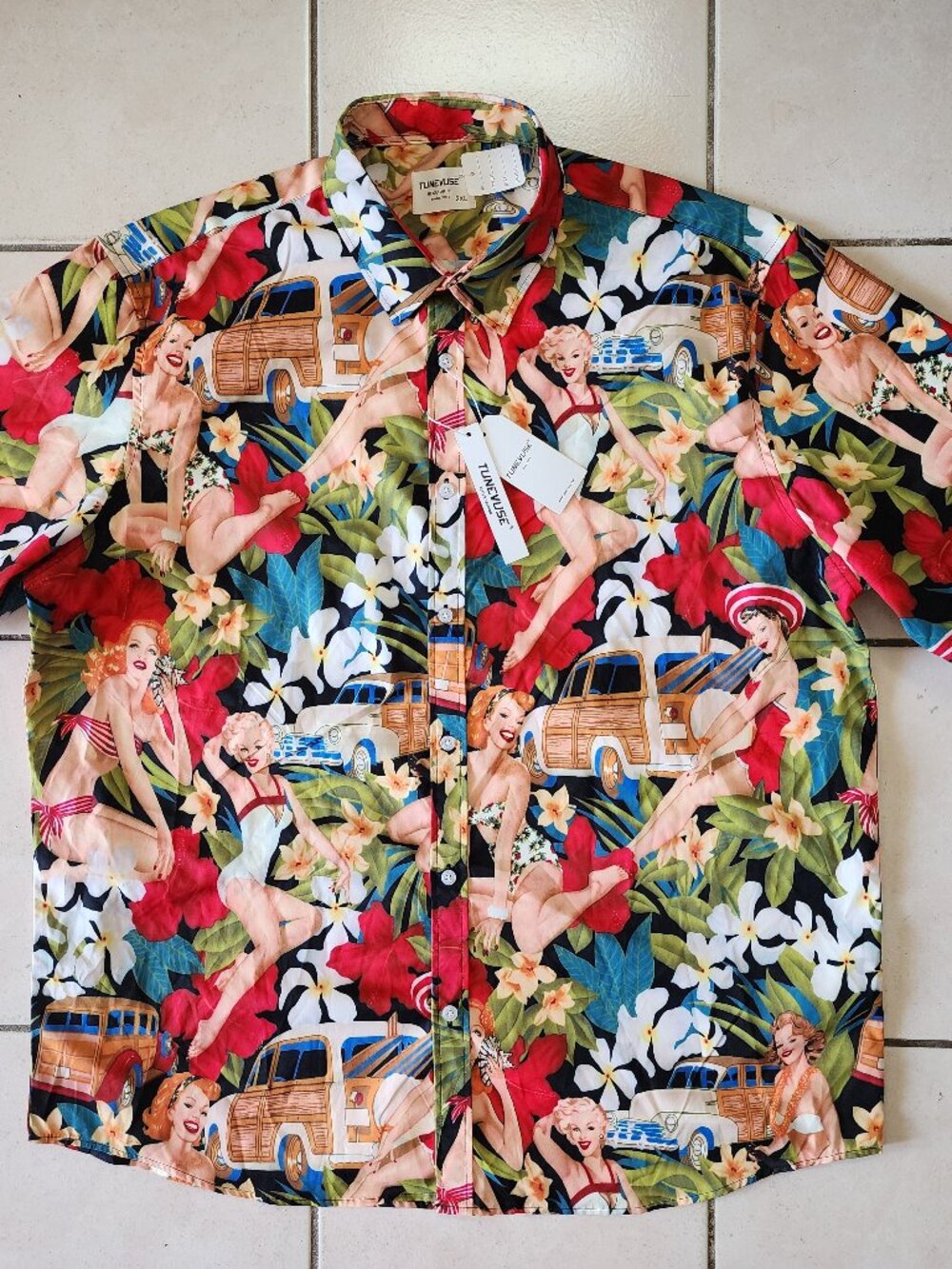 Tunevuse Hawaiian Shirt, Pin-up Girls and Woodside Wagons/Woodies, 2XL